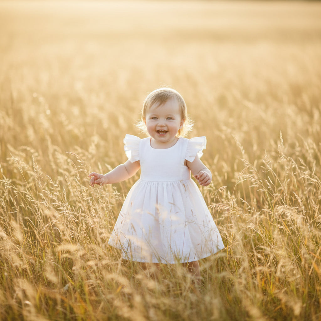 Child in a white dress standing in a field of tall grass with a warm, golden light.