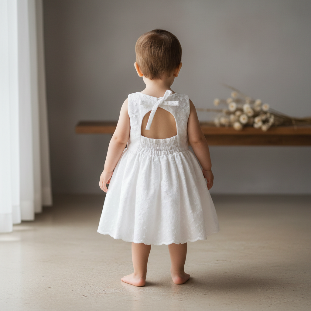 Child wearing a white dress with an open back in a minimalistic room.