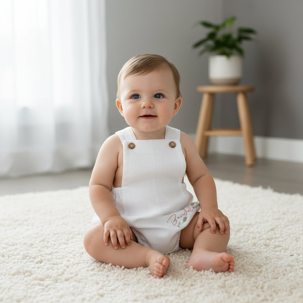 White baby romper with 'Bandel Boutique' logo on a hanger against a gray wall.