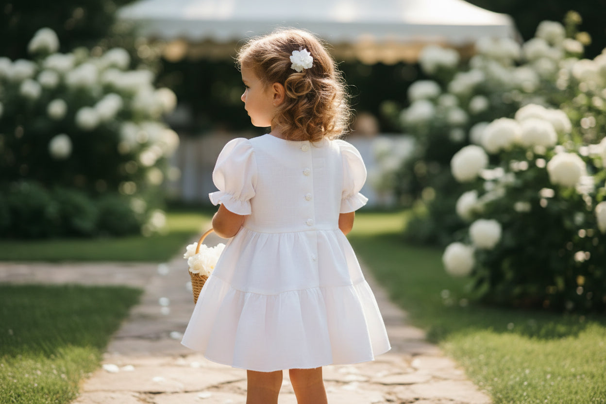 Young girl in a white dress standing in a garden with white flowers.