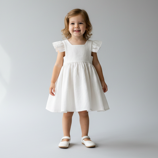 Young girl wearing a white dress against a plain background