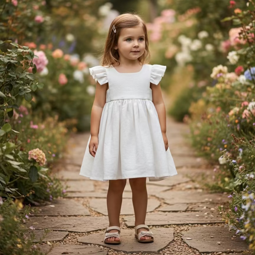 Young girl in a white dress standing on a stone path in a garden with flowers.