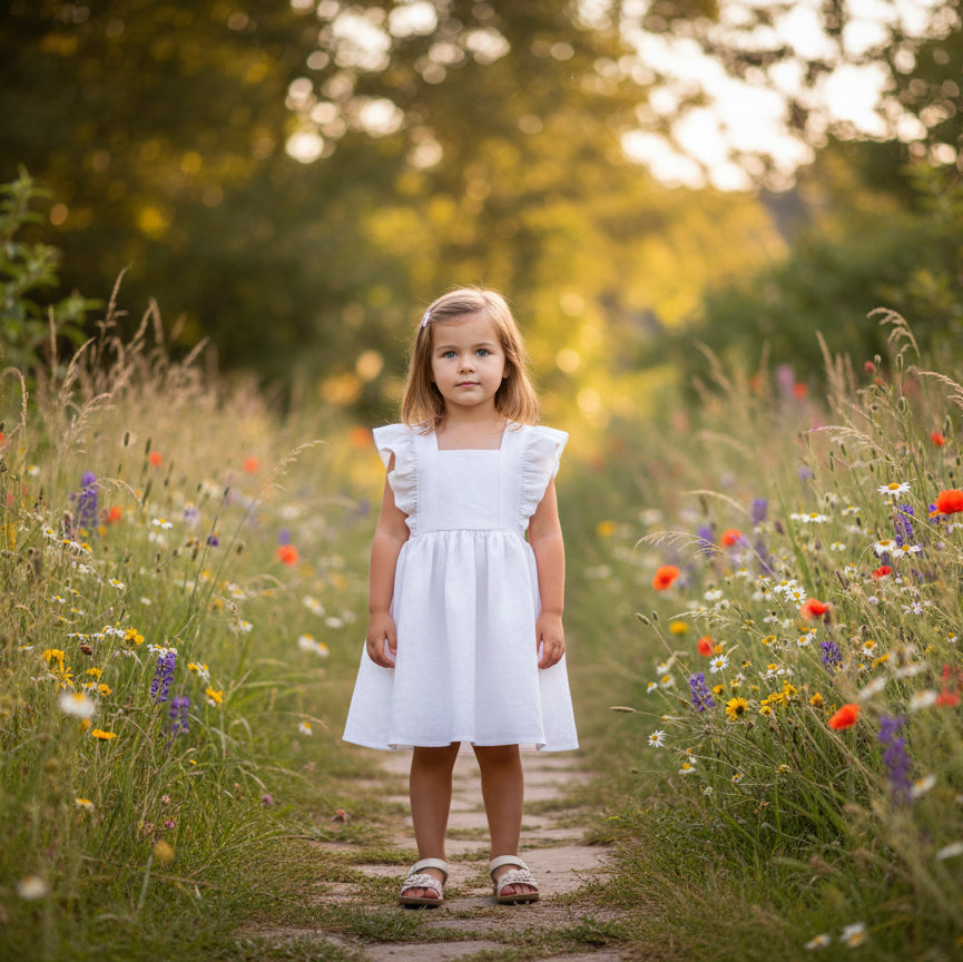 Young girl in a white dress standing on a path through a field of tall grass and wildflowers.