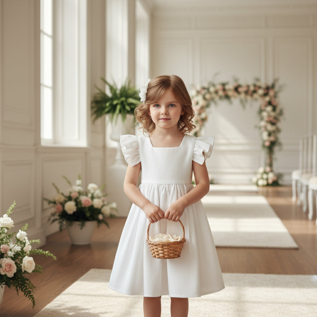 White dress with ruffled sleeves on a hanger against a beige background