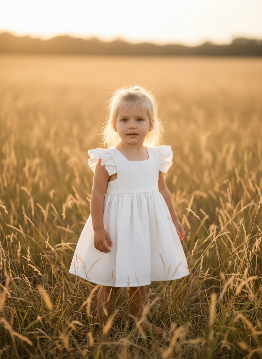 White dress with ruffled sleeves on a wooden surface