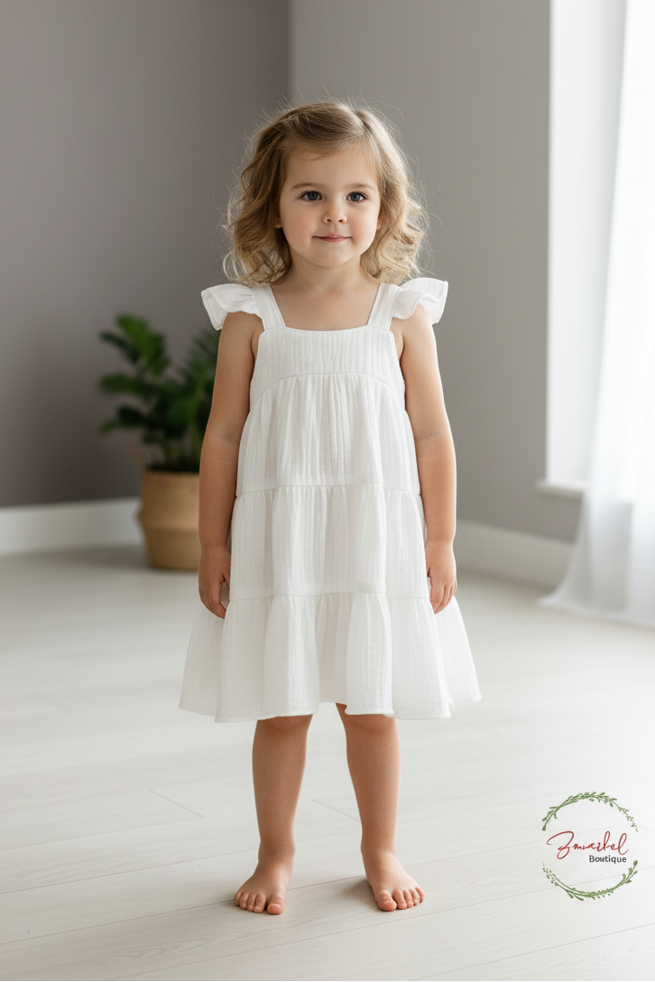 Young girl in a white dress standing in a softly lit room with a plant and window in the background.