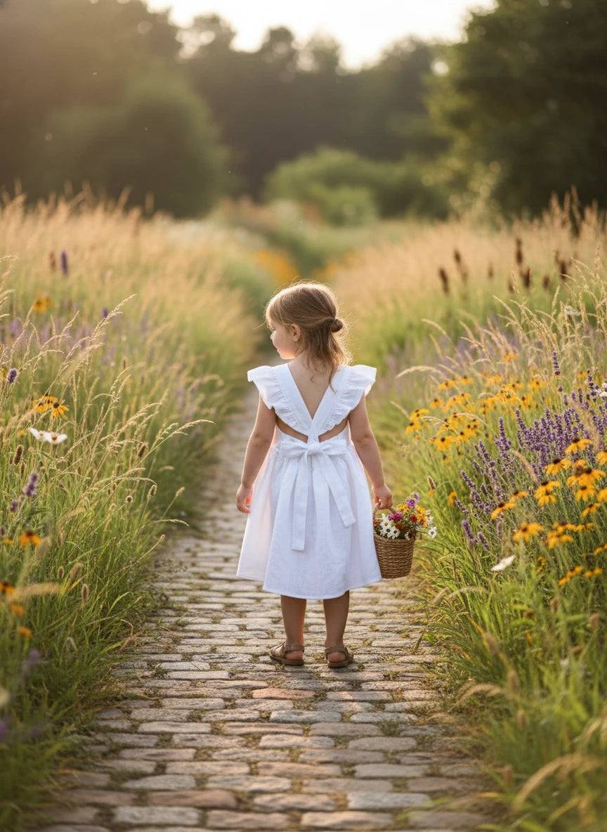 Young girl in a white dress walking along a stone path in a field of wildflowers.