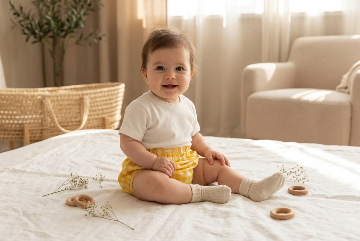 A baby sitting on a white bed in a softly lit nursery, wearing a white short-sleeve top and yellow gingham shorts with beige socks. A woven basket, curtains, and a chair are visible in the background.