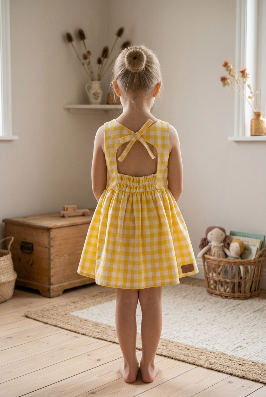 A young girl with blonde hair in a bun stands with her back to the camera, wearing a yellow and white gingham sleeveless dress with a tie-back neckline. She is standing in a bright, neutral-toned room with wooden floors, a rustic wooden chest, and a woven basket.