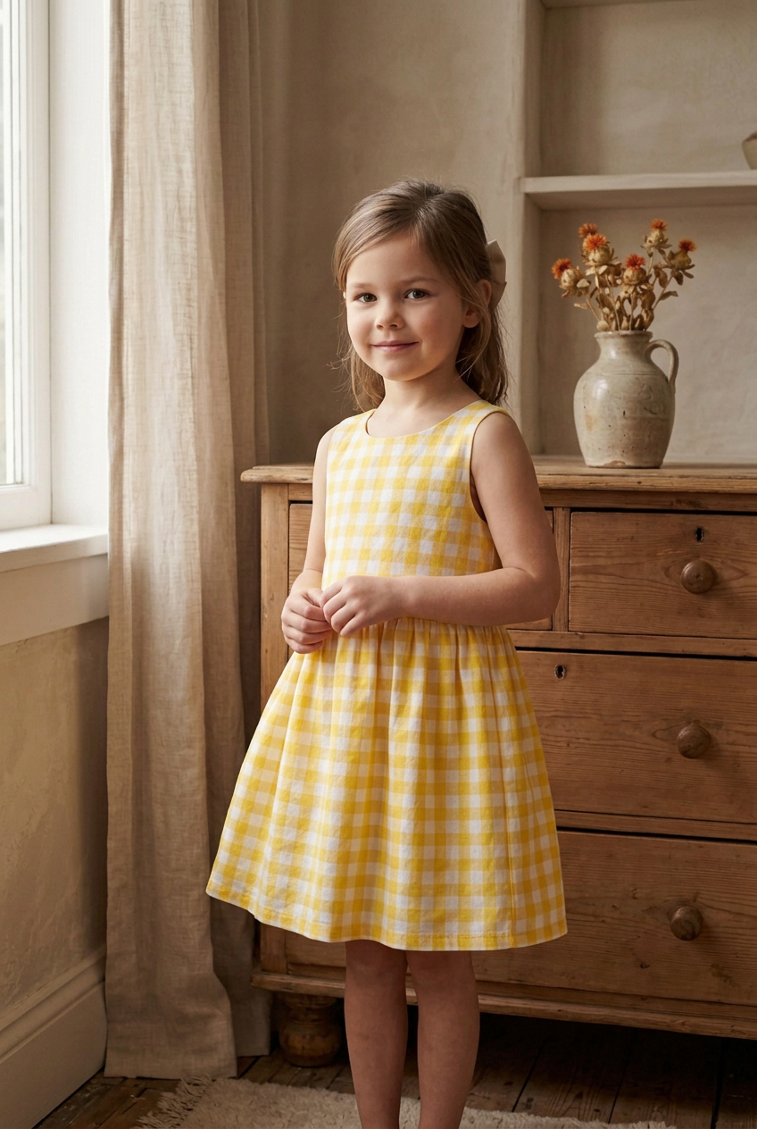 A young girl stands in a sunlit room wearing a sleeveless yellow and white gingham dress. She is posed in front of a rustic wooden dresser with a vase of dried flowers and a window with beige curtains.
