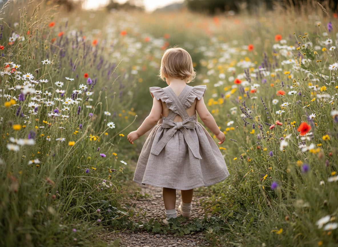 Child wearing a beige dress with ruffled straps and a bow on a white background