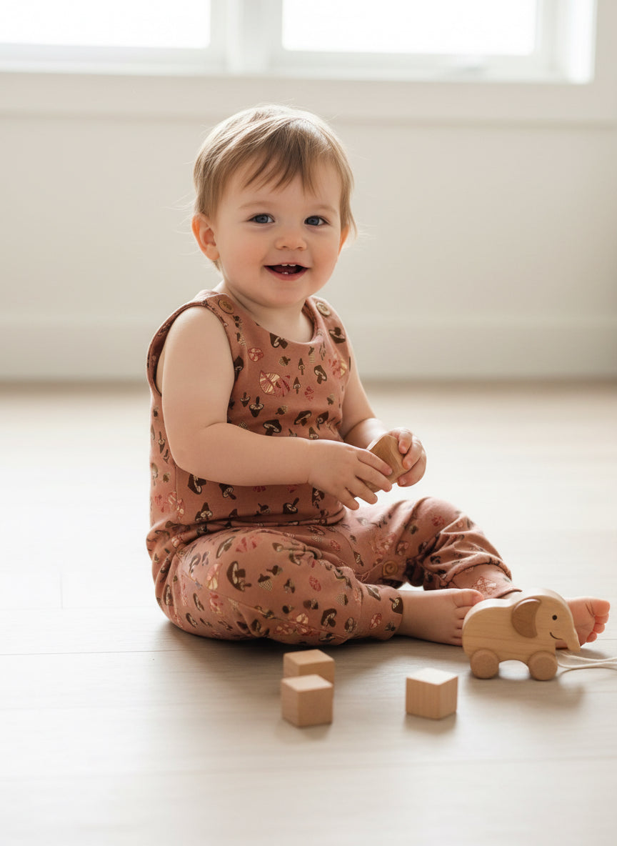 Baby sitting on a light-colored floor with wooden blocks and an elephant toy.