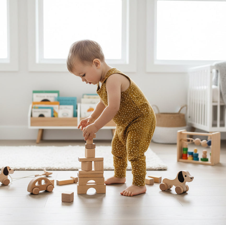 Child playing with wooden toys in a bright, minimalistic room.