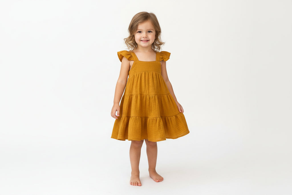 Young girl wearing a mustard yellow dress on a white background