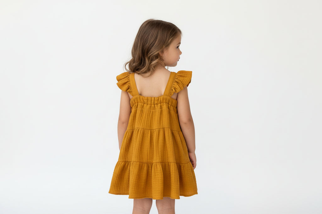 Young girl wearing a mustard yellow dress with ruffled sleeves on a white background