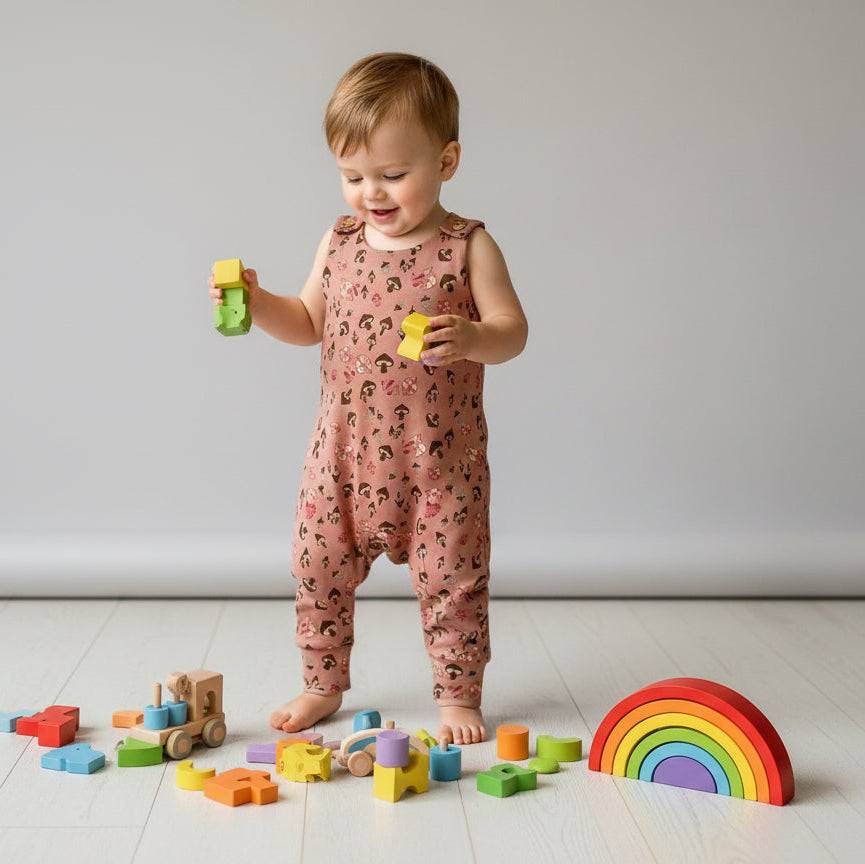 Child playing with colorful toys on a light wooden floor.