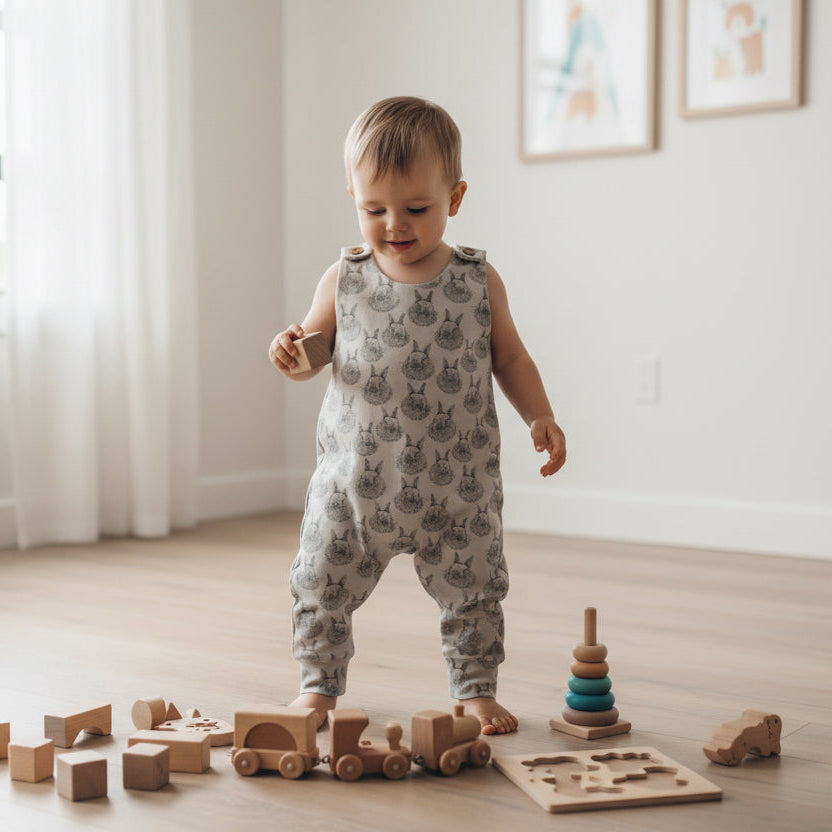 Child playing with wooden toys on a wooden floor in a bright room.